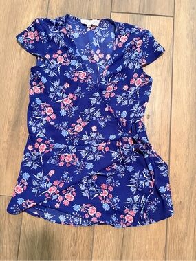 Navy Blue Floral Wrap Top